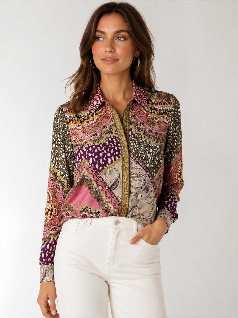 Alice + Olivia 100% Silk Patchwork Paisley Blouse – Size Small
